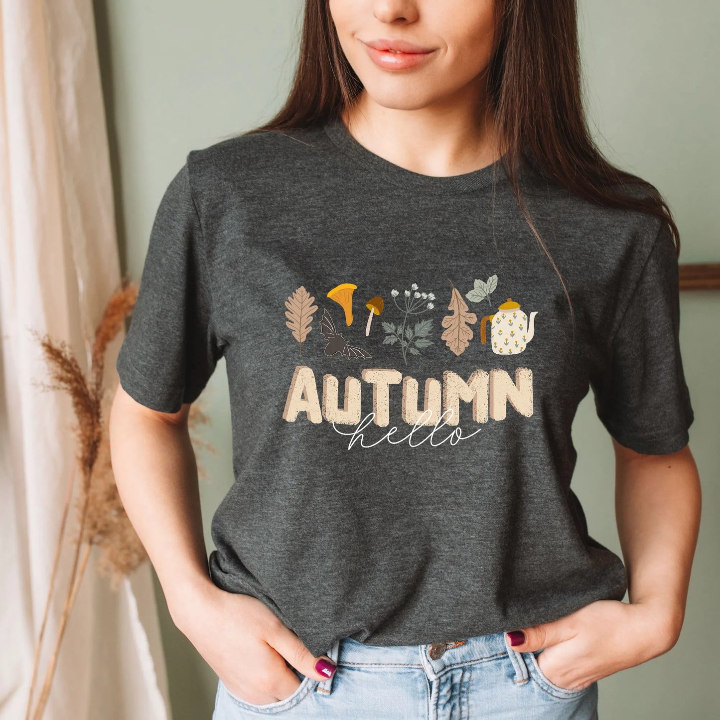 woman in Blue Water Songs 'Hello Autumn' gray tee