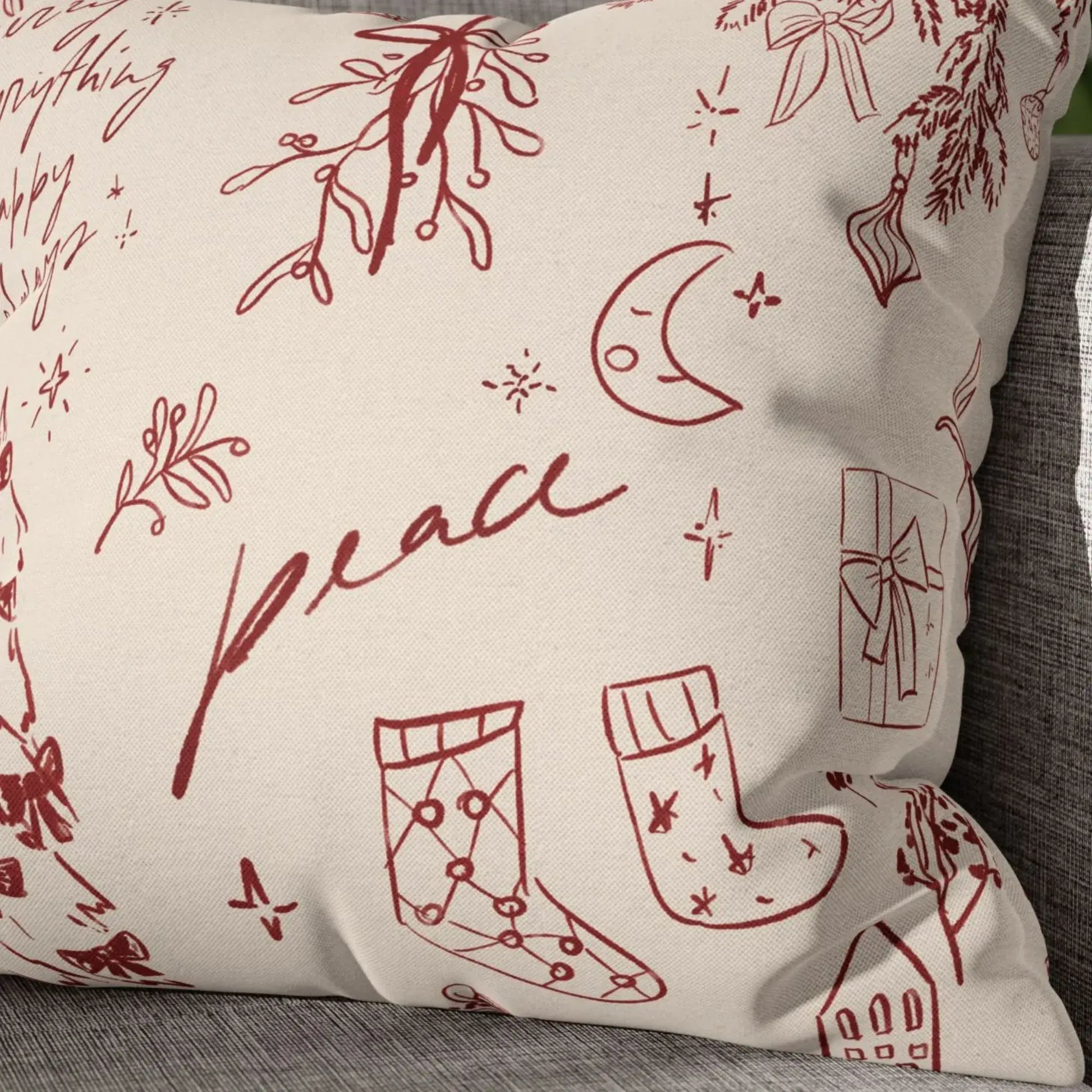 Hand-Drawn Christmas Pillow featuring red line art design with peace, stockings, mistletoe, and holiday charm.