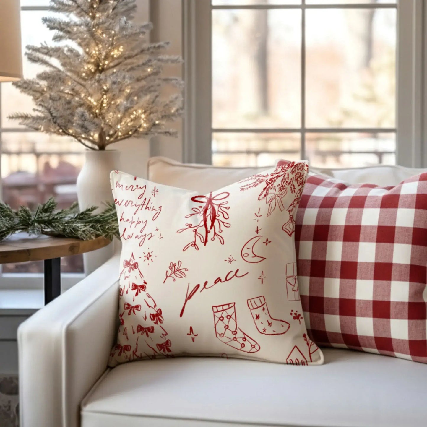Hand-Drawn Christmas Pillow featuring red line art with stockings and greenery in a cozy holiday setting.
