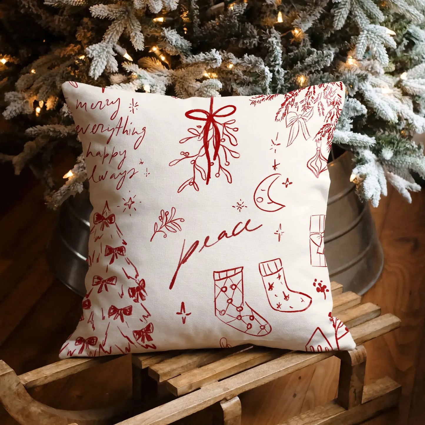 Hand-Drawn Christmas Pillow featuring red line art and holiday designs, perfect for festive home decor.