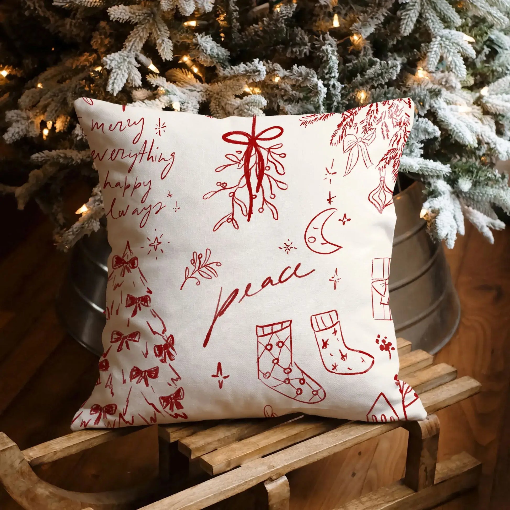 Hand-Drawn Christmas Pillow featuring red line art and holiday designs, perfect for festive home decor.