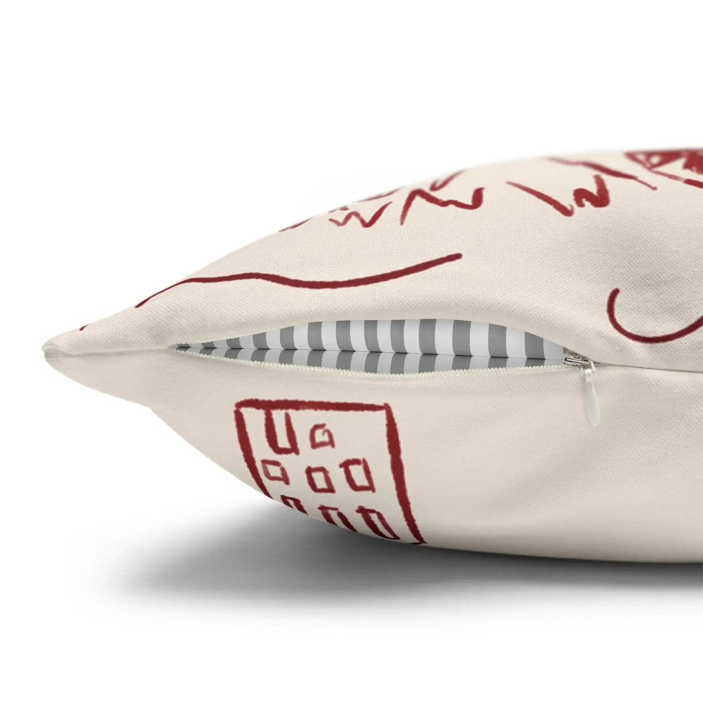 Hand-Drawn Christmas Pillow with red line art and striped zipper detail, adding festive charm to your holiday decor.
