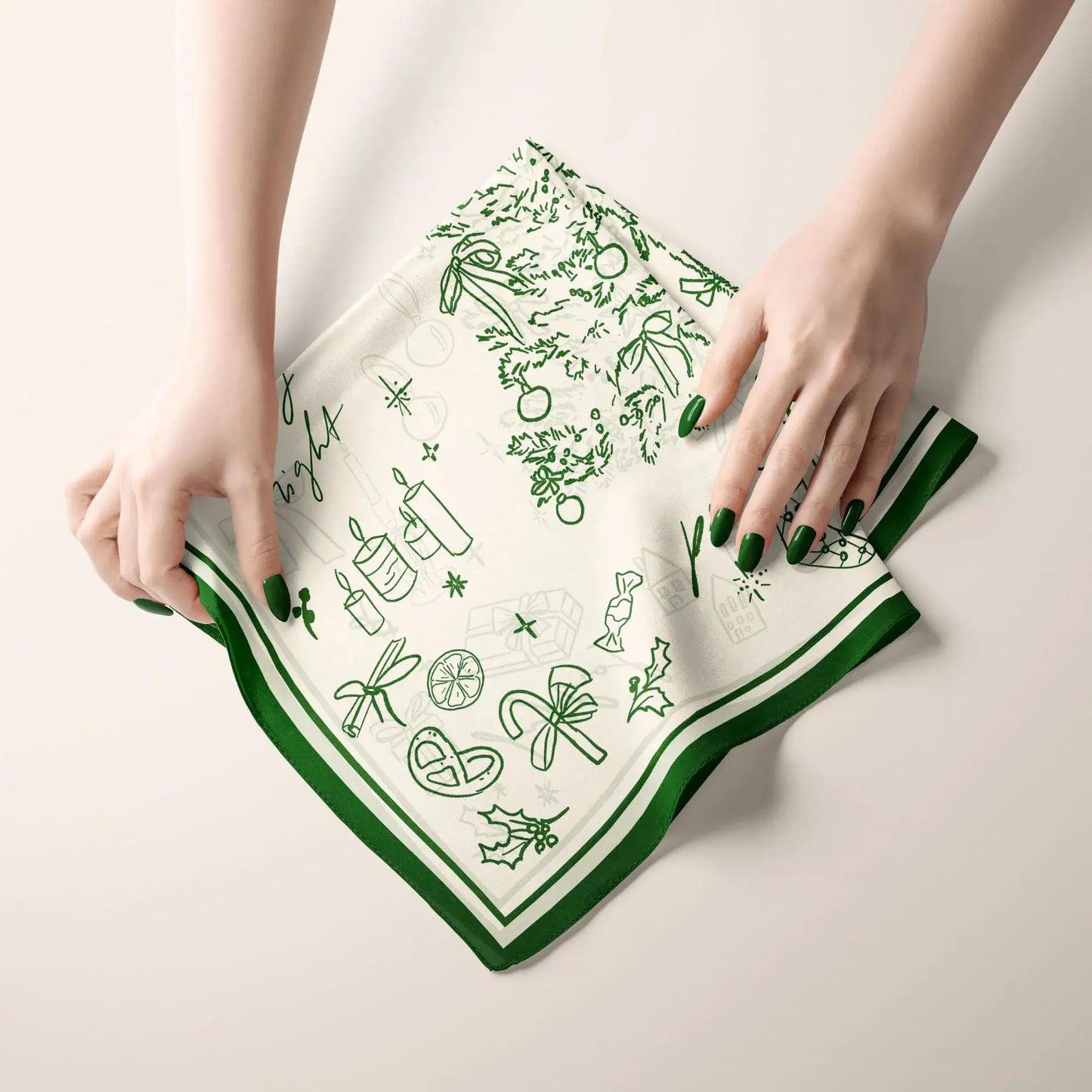 Green Christmas Silk Scarf gently held by hands, capturing the warmth and joy of Christmas gifting.