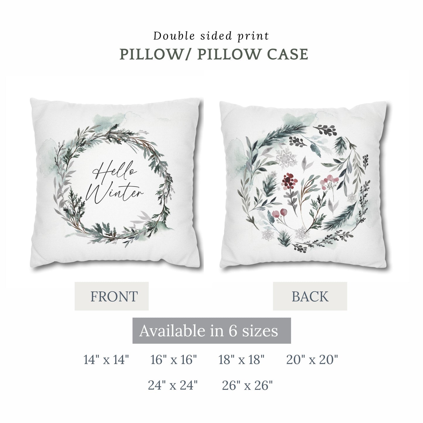 Hello Winter double-sided Christmas pillow – front with wreath text, back with botanical design, available in 6 sizes