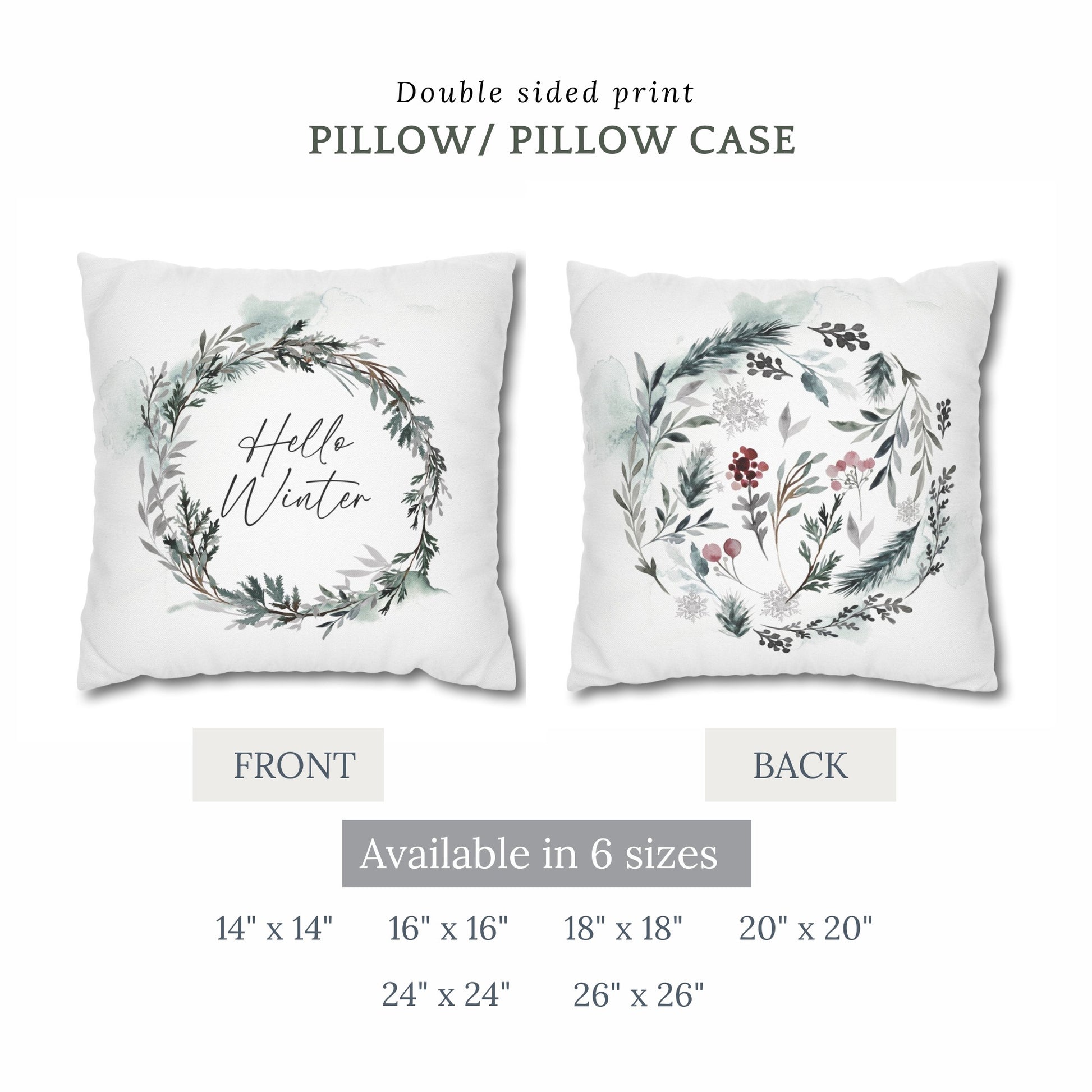 Hello Winter double-sided Christmas pillow – front with wreath text, back with botanical design, available in 6 sizes