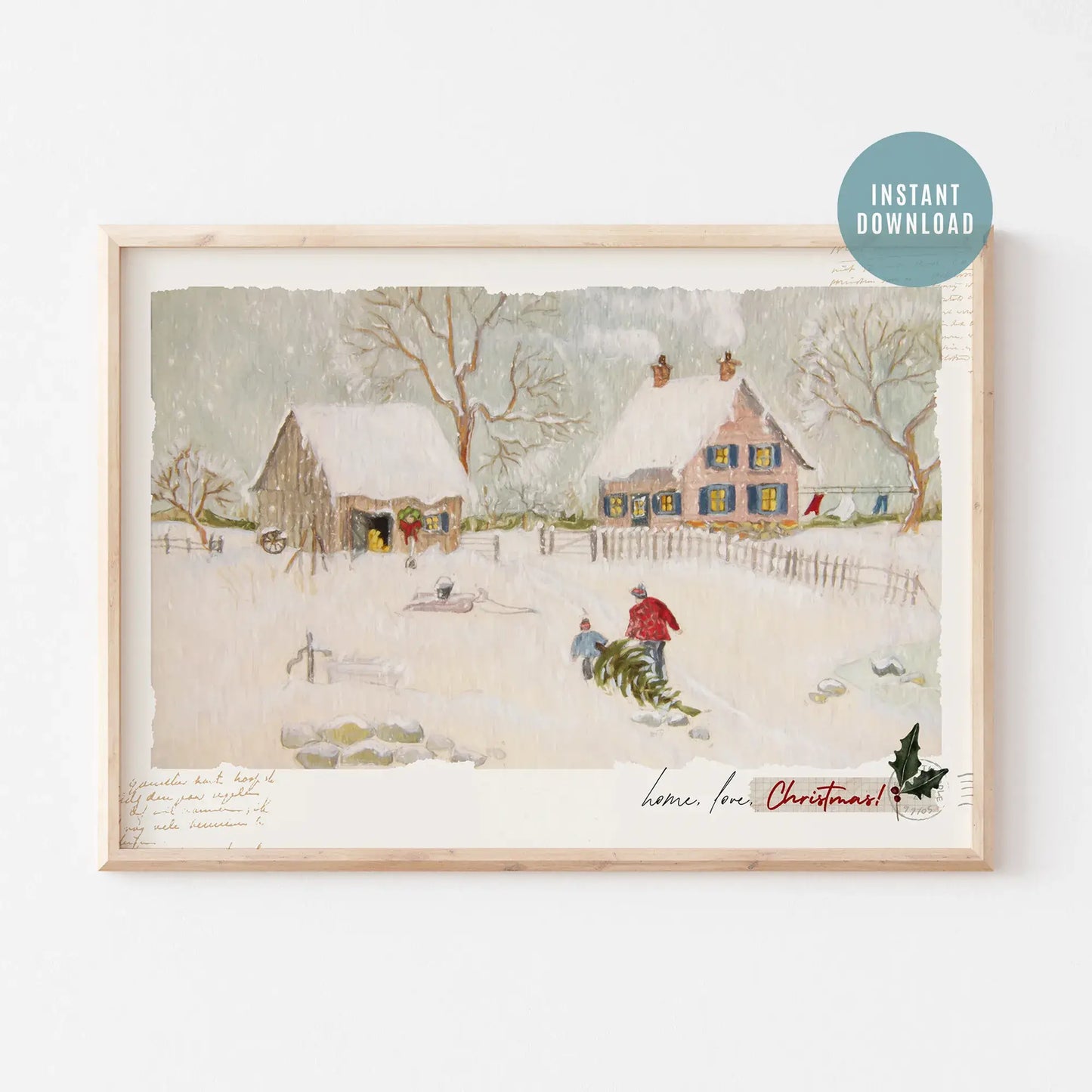 Home Love Christmas digital download print featuring a serene winter scene with a cozy house and snow.