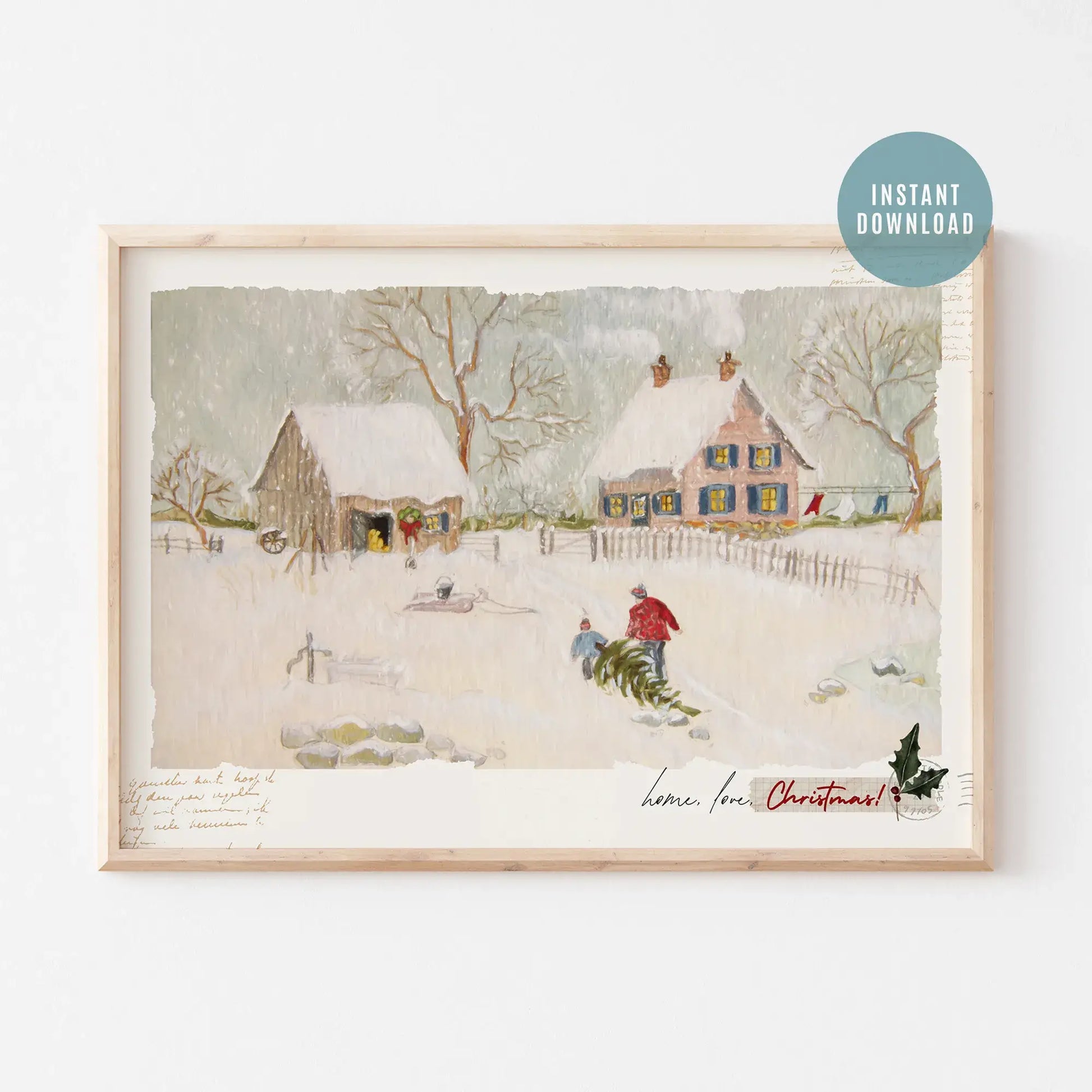 Home Love Christmas digital download print featuring a serene winter scene with a cozy house and snow.