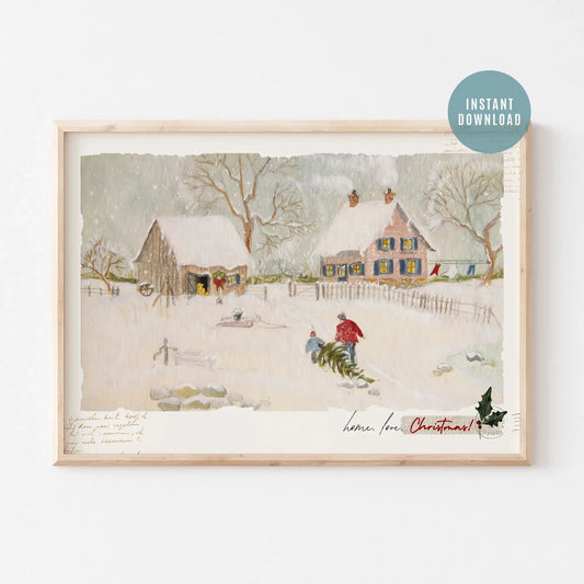 Home Love Christmas digital download print featuring a serene winter scene with a cozy house and snow.