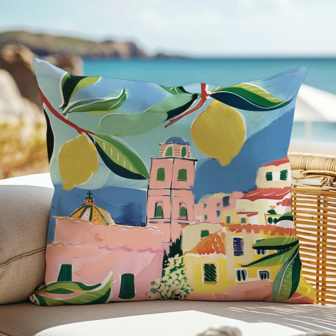decorative pillow with Italy city picture on it