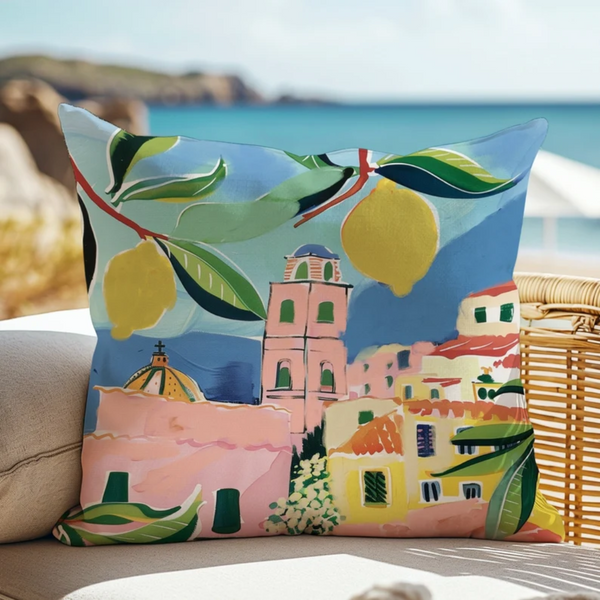decorative pillow with Italy city picture on it