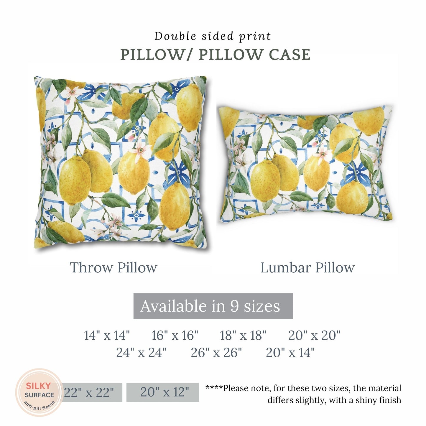 Double-sided lemon pillow covers – throw and lumbar styles, watercolor design – 9 size options.
