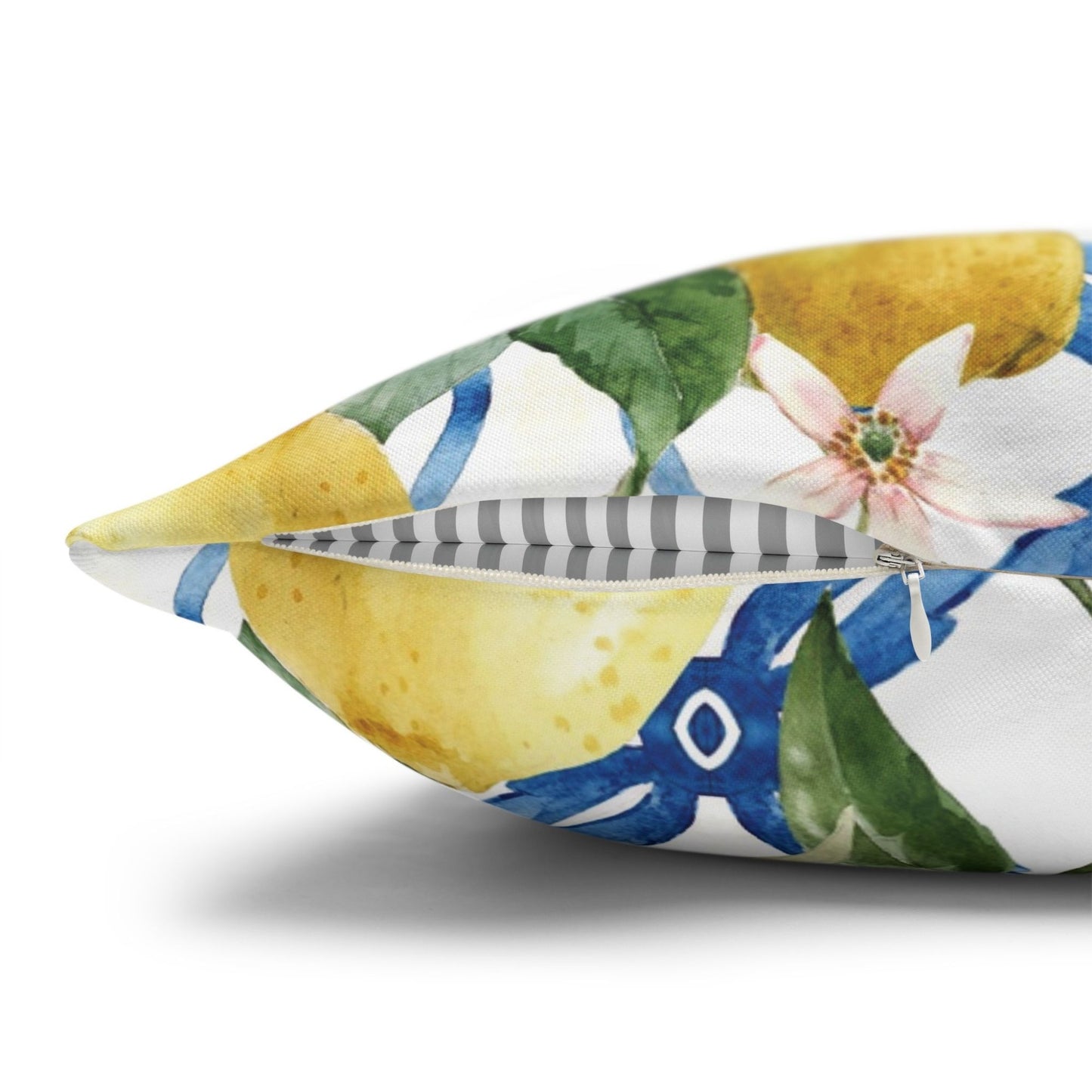 Close-up of lemon pillow cover with concealed zipper – vibrant summer decor.