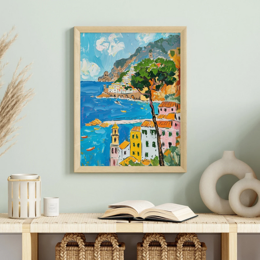 La Dolce Vita Beach WALL ART from Blue Water Songs hanging on light green wall