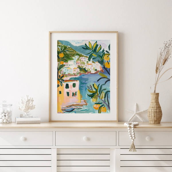 white shelf with La Dolce Vita painting from Blue Water Songs on it 