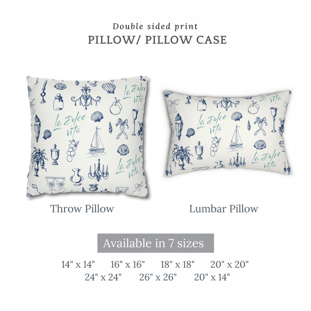 size of La Dolce Vita throw pillow and lumbar pillow from Blue Water Songs