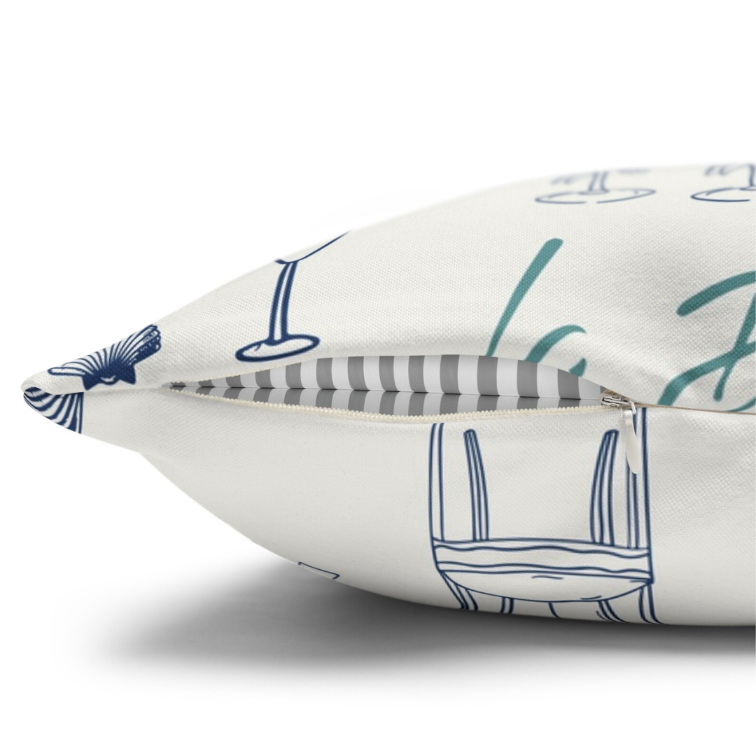 Close-up of La Dolce Vita design detail on pillow cover — romantic summer accent