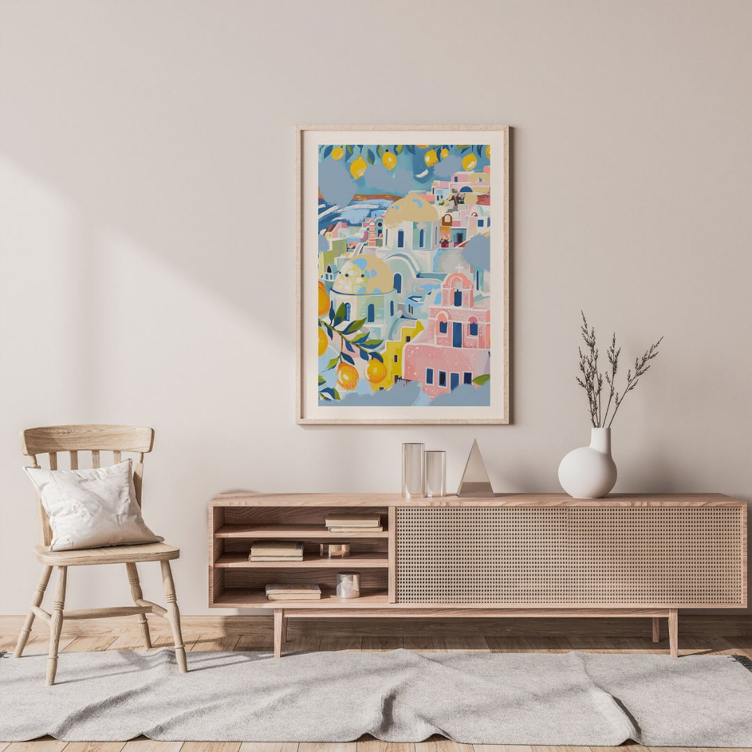 modern farmhouse living room decorated with light blue wall art from Blue Water Songs