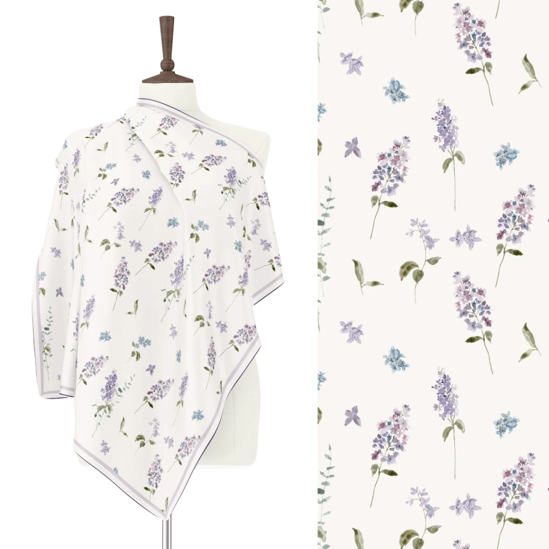 square scarves size 16"x16" and 26"x26" Pastel Lilac Floral SCARF from Blue Water Songs wrapping around mannequin