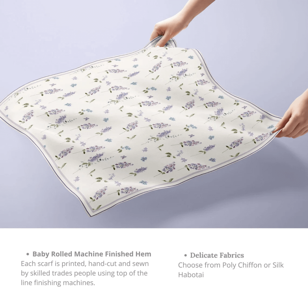 woman's hands holding Pastel Lilac Floral SCARF from Blue Water Songs