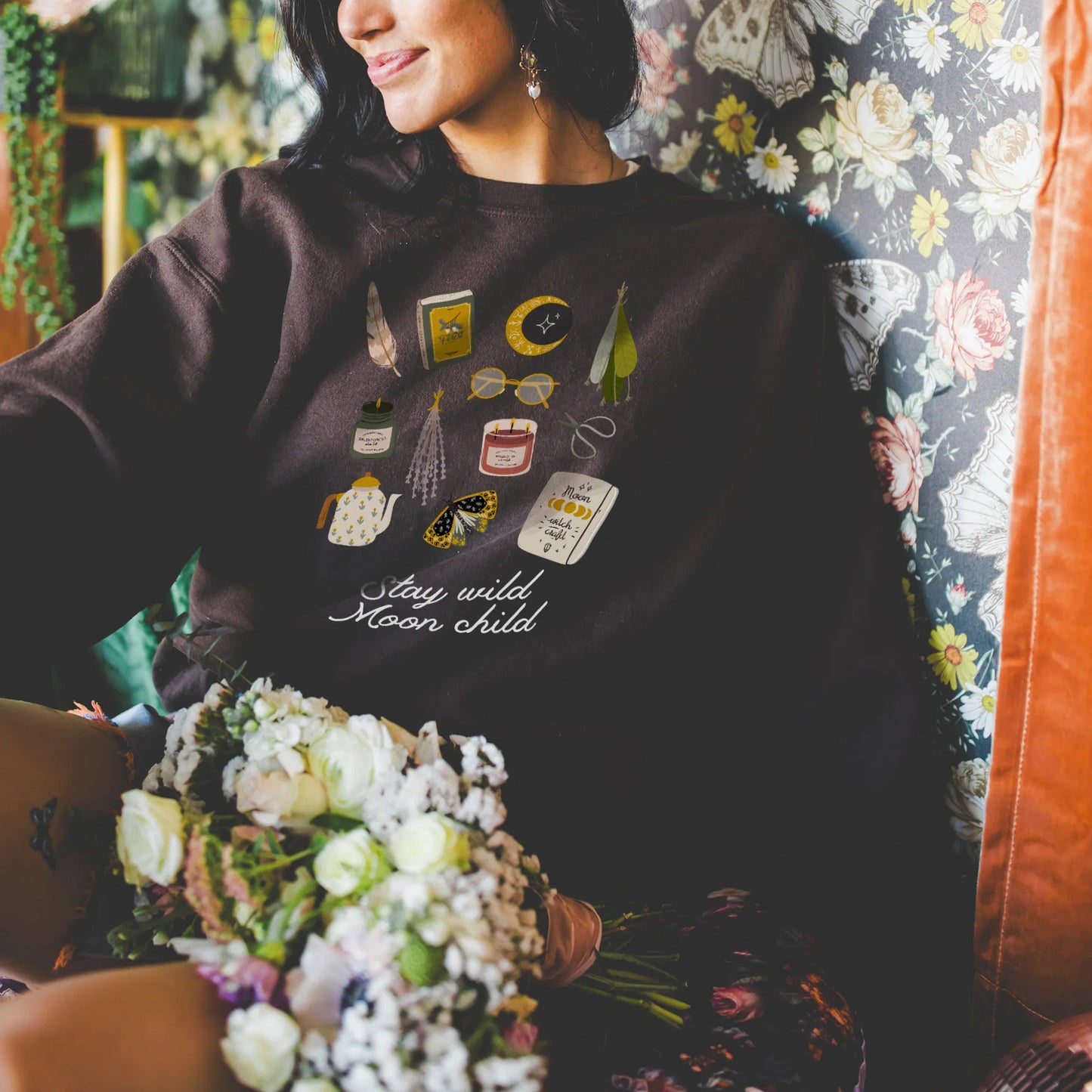 mystic girl in 'Stay Wild Moon Child' Botanical Witch SWEATSHIRT from Blue Water Songs