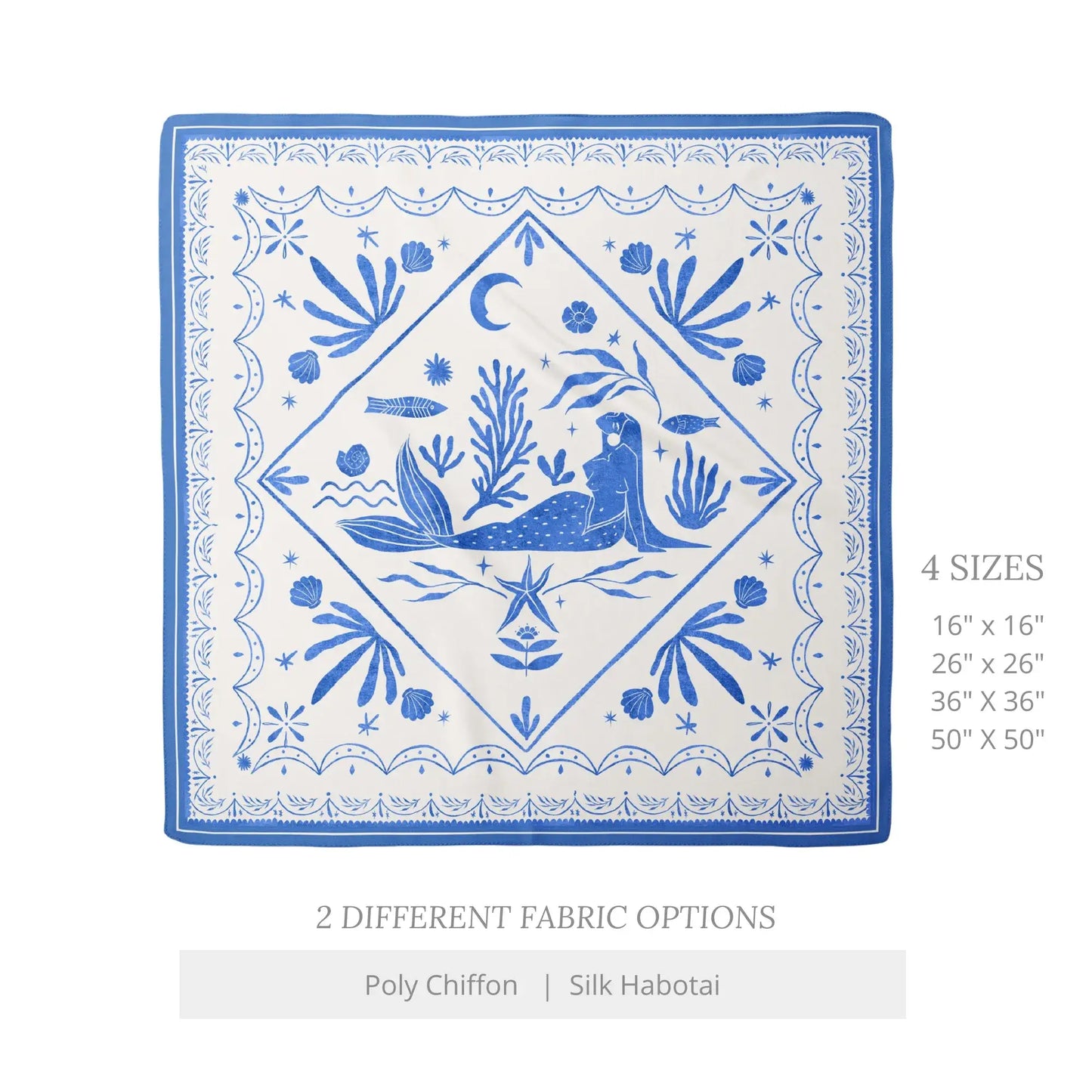 Mediterranean Silk Scarf in blue and white – Sirena Azzurra mermaid square scarf with sea-life design