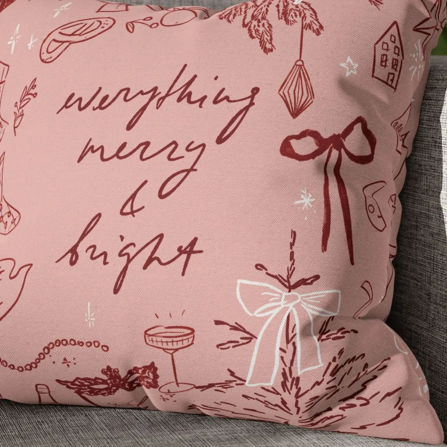 Merry and Bright Christmas Pillow Cover with hand-drawn holiday doodles and warm festive colors.