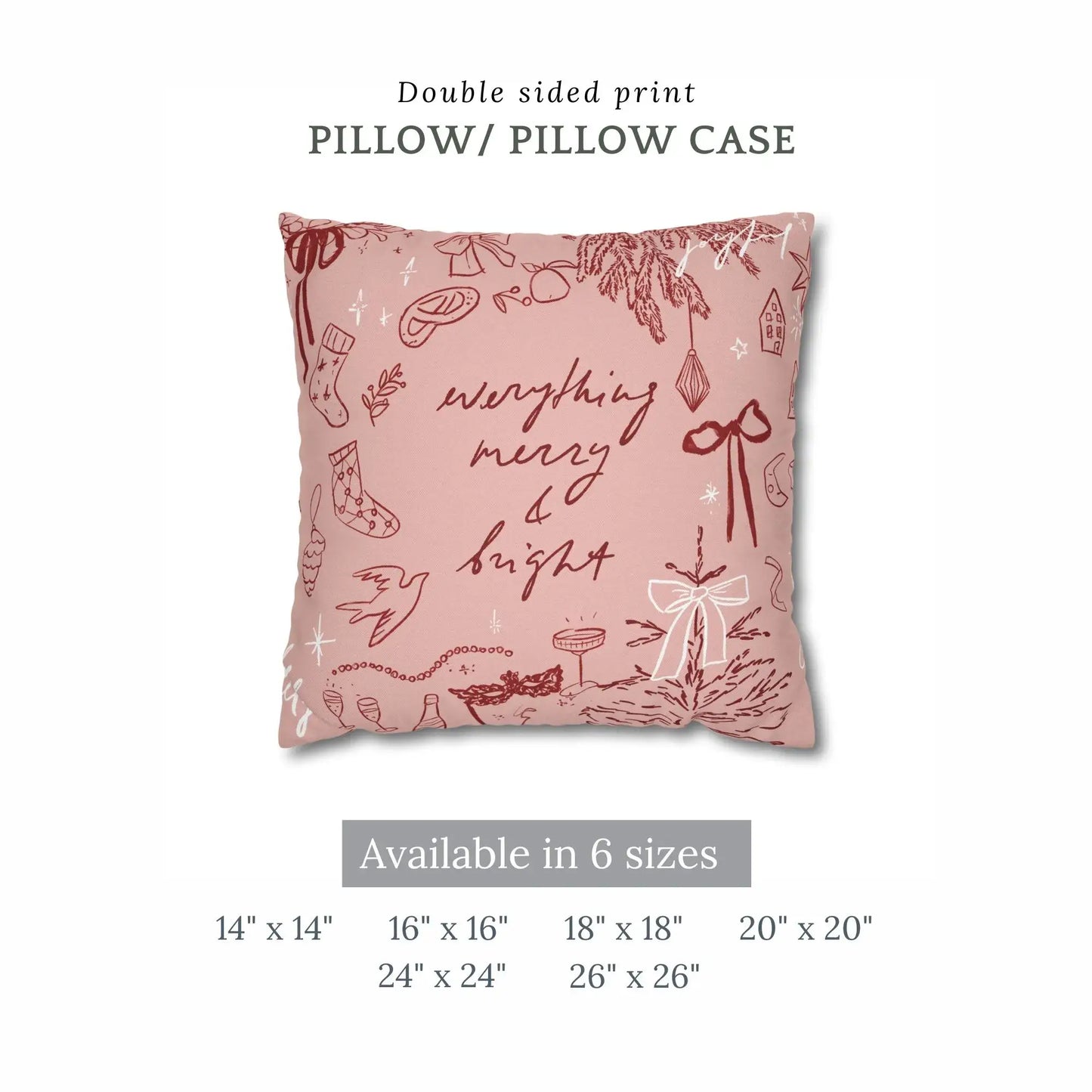 Merry and Bright Christmas Pillow Cover featuring hand-drawn holiday doodles in warm colors, available in multiple sizes.
