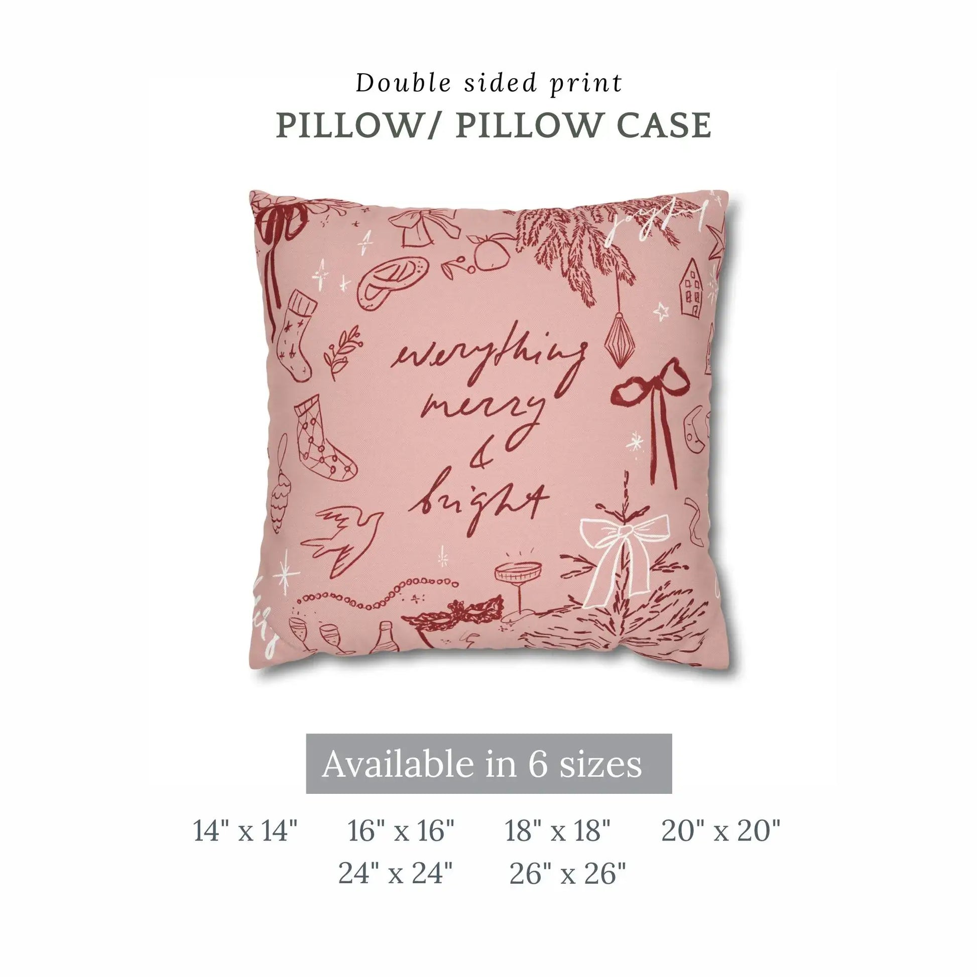 Merry and Bright Christmas Pillow Cover featuring hand-drawn holiday doodles in warm colors, available in multiple sizes.