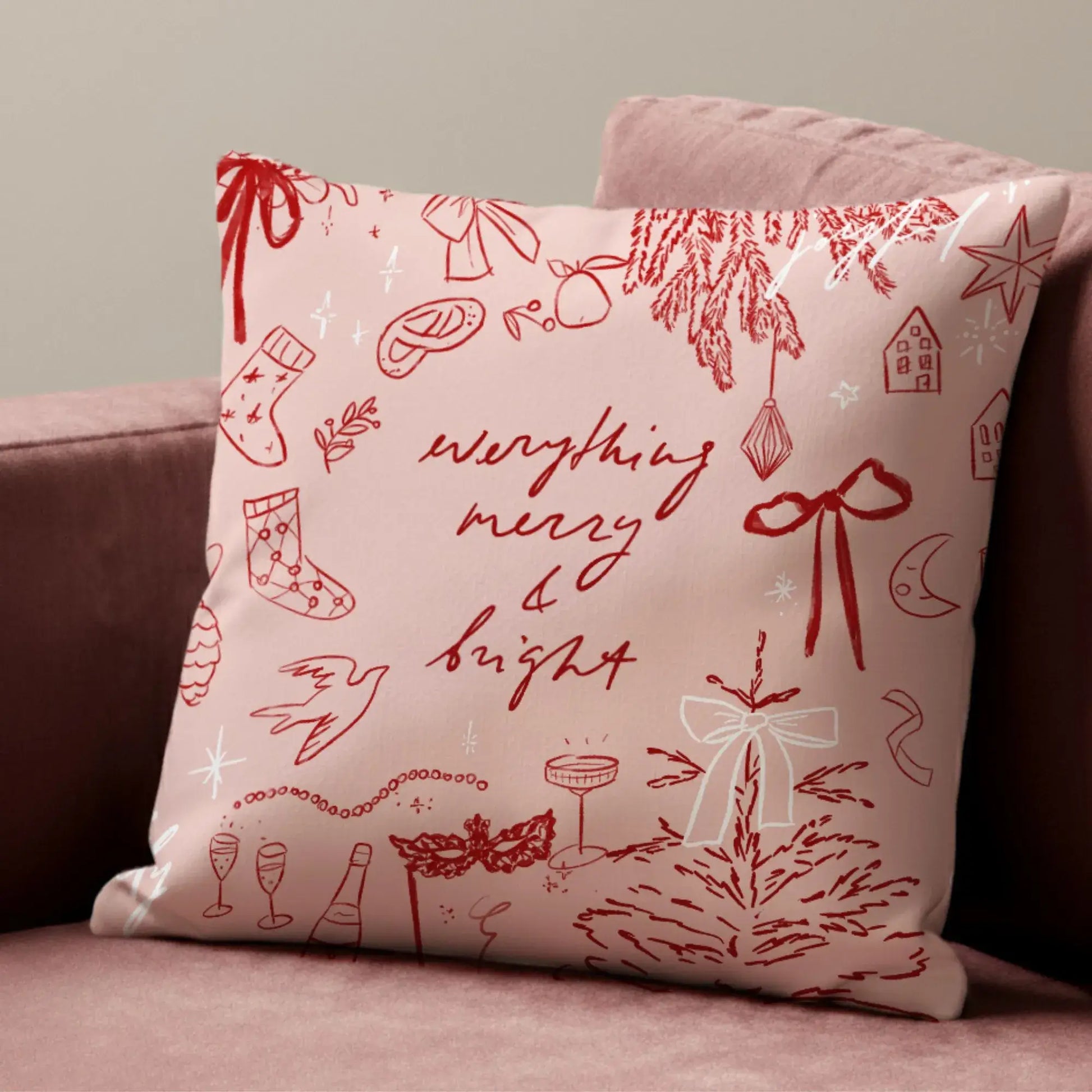 Merry and Bright Christmas Pillow Cover featuring hand-drawn doodles of holiday decorations.