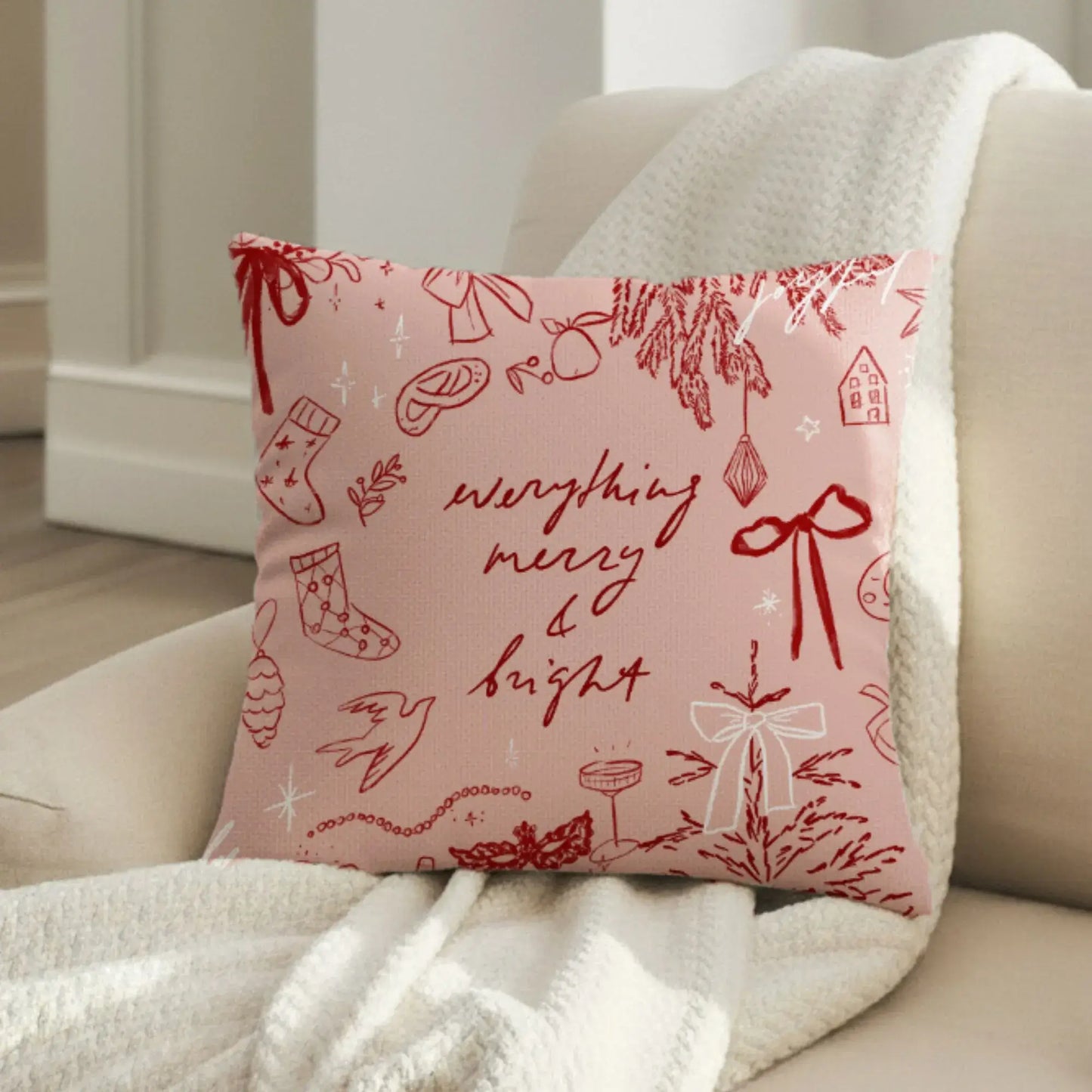 Merry and Bright Christmas Pillow Cover featuring hand-drawn holiday doodles on a cozy couch.