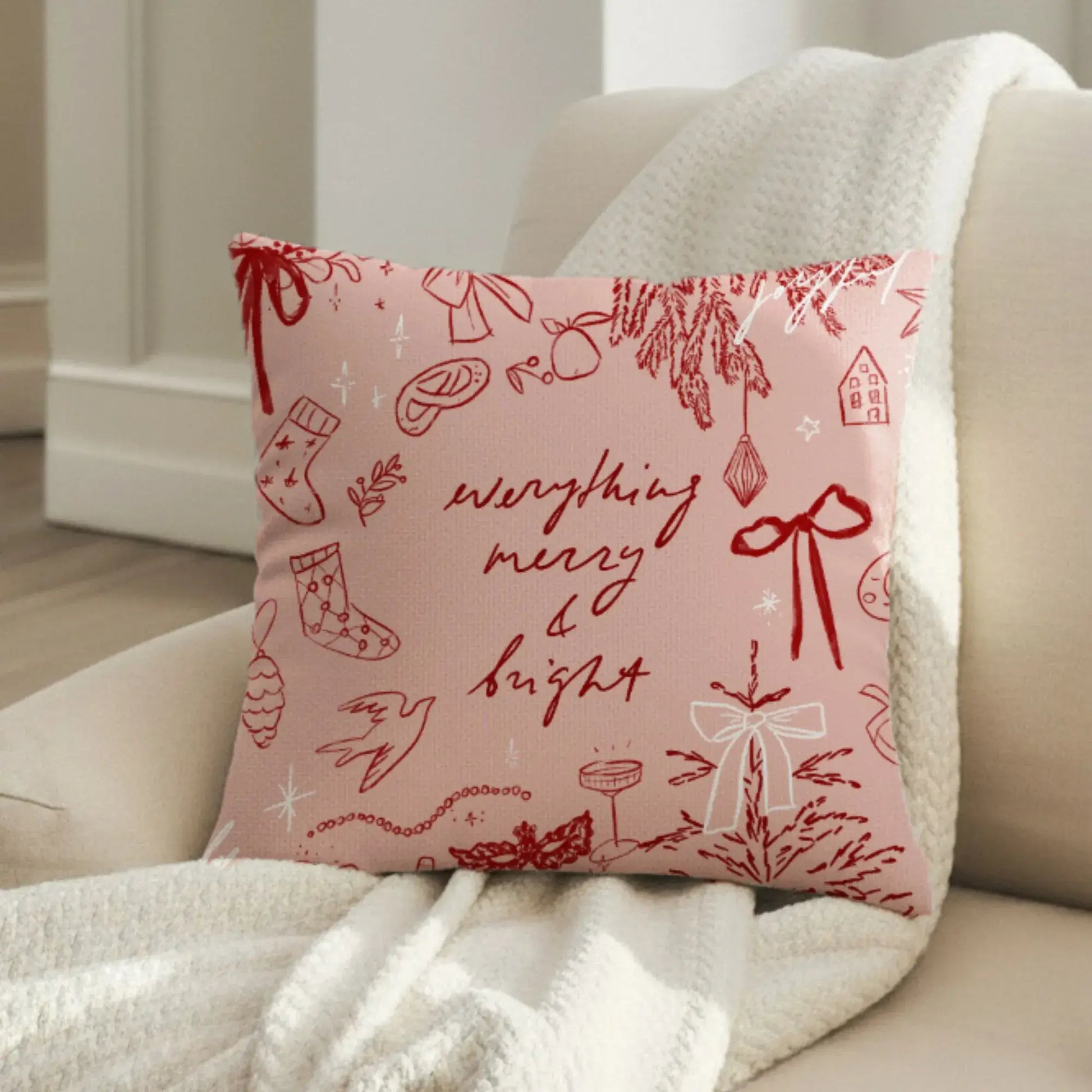 Merry and Bright Christmas Pillow Cover featuring hand-drawn holiday doodles on a cozy couch.