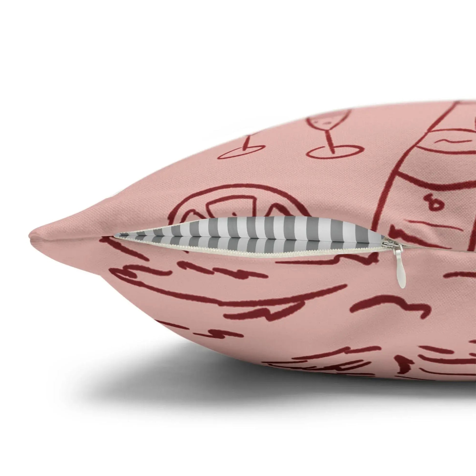 Merry and Bright Christmas Pillow Cover featuring hand-drawn doodles, showcasing its unique design and close-up zipper detail.