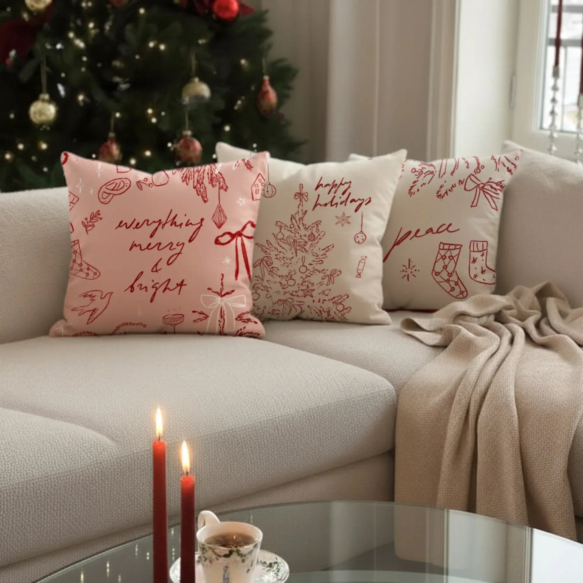 Merry and Bright Christmas Pillow Cover trio on a cozy sofa with a holiday backdrop and festive decorations.