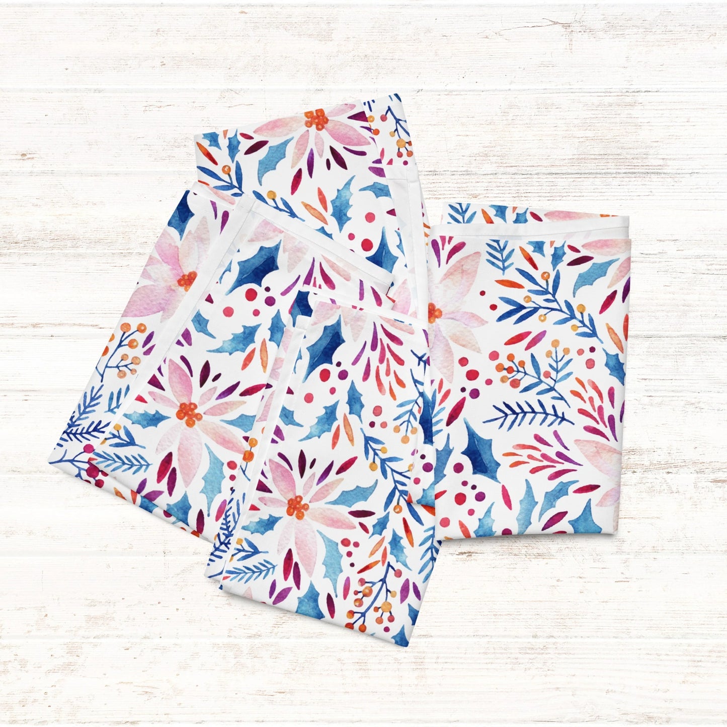 Watercolor Pink Poinsettia and Blue Botanical Cloth Napkins | WINTER24NAN02