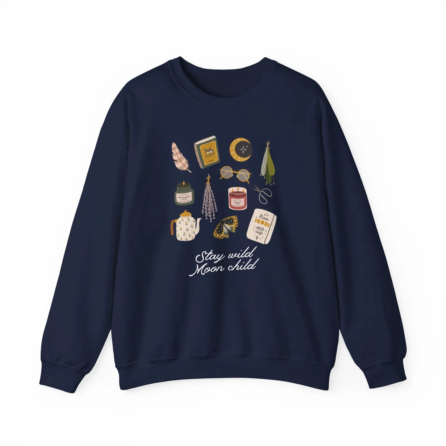 'Stay Wild Moon Child' Botanical Witch SWEATSHIRT from Blue Water Songs - Navy color