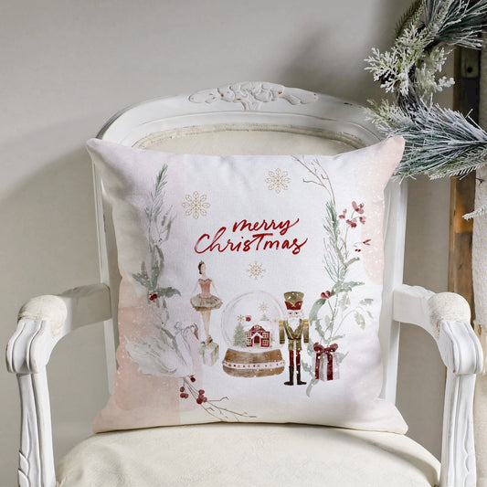 Ballet Christmas Pillow Cover featuring watercolor nutcracker design and holiday elements on a decorative chair.