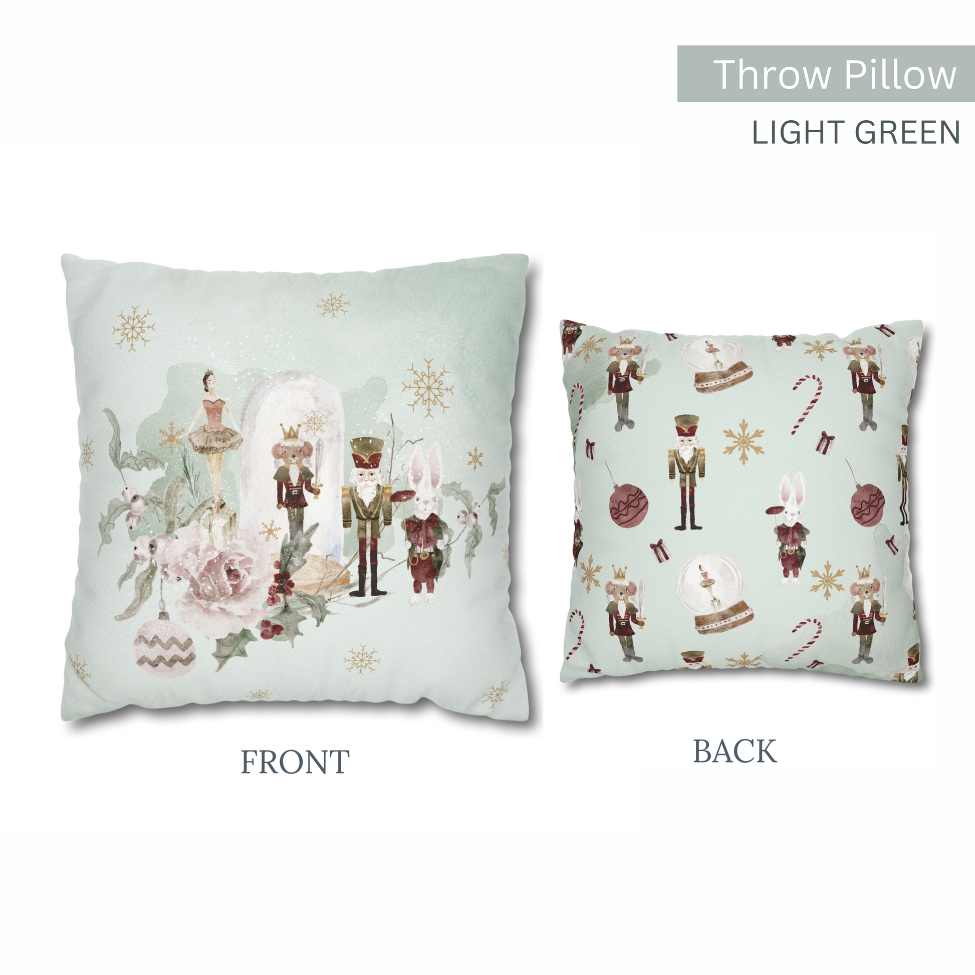 Pastel Nutcracker Christmas PILLOW featuring whimsical characters on light green throw pillow.