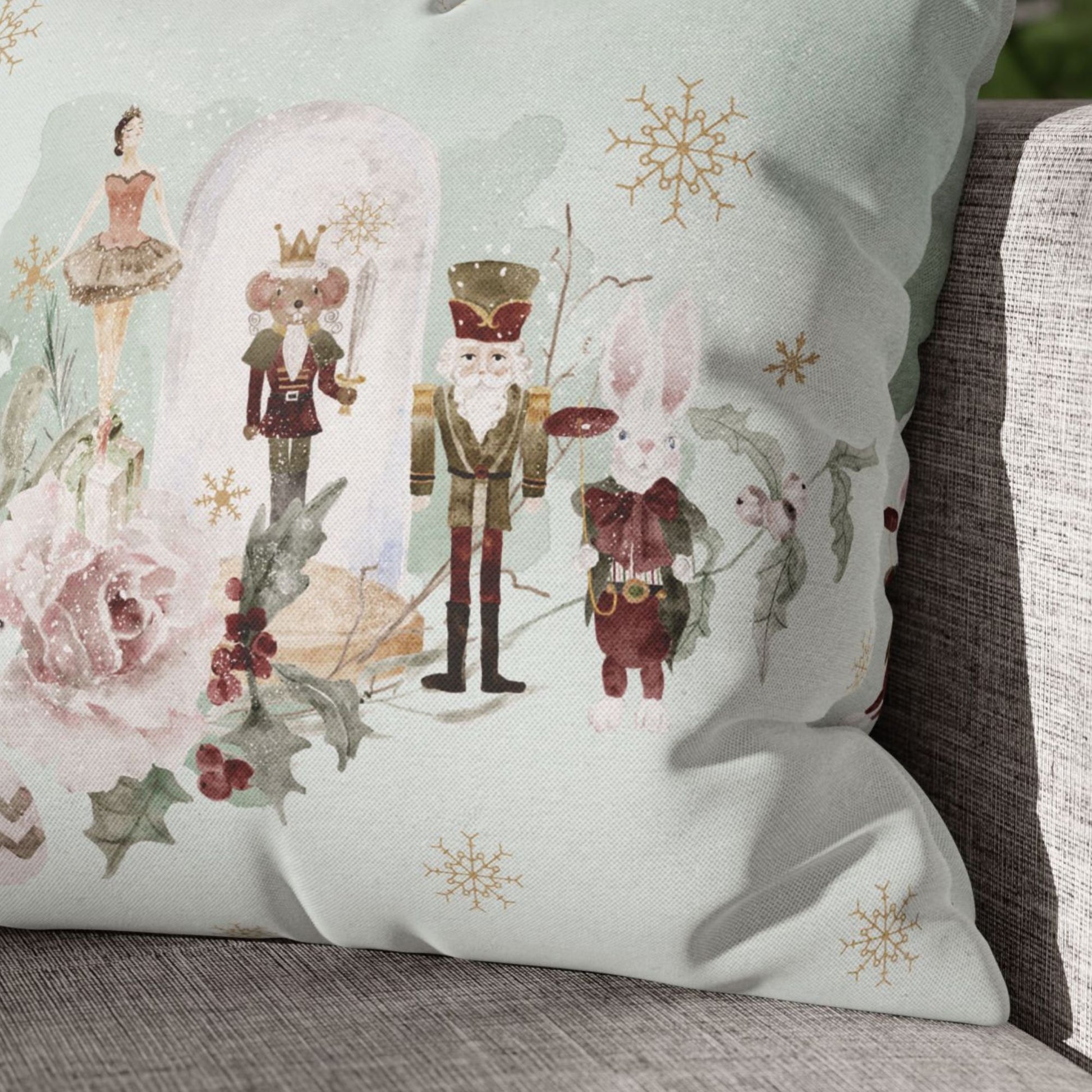 Pastel Nutcracker Christmas PILLOW featuring whimsical ballerina, Nutcracker soldier, and charming mouse king design.