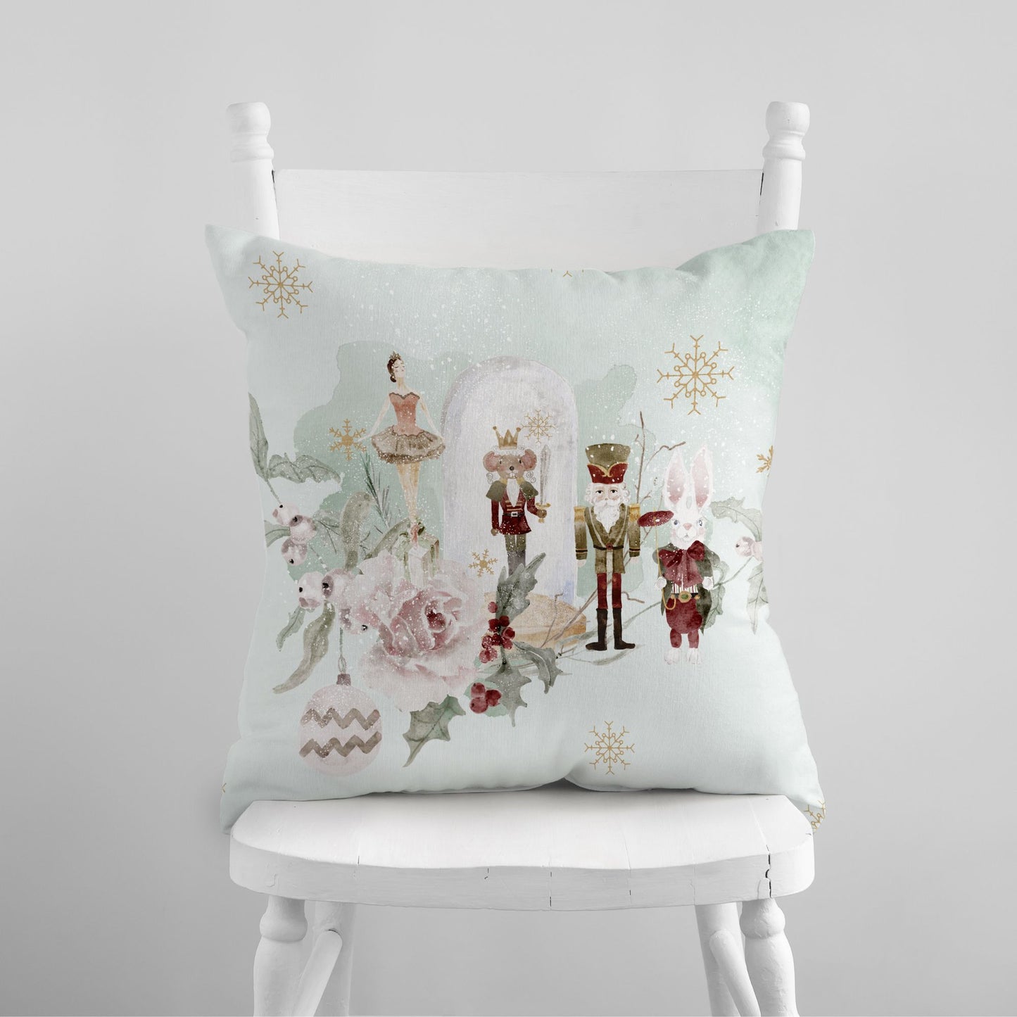 Pastel Nutcracker Christmas PILLOW with whimsical characters on a soft winter background