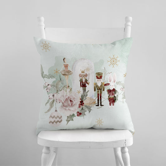 Pastel Nutcracker Christmas PILLOW with whimsical characters on a soft winter background