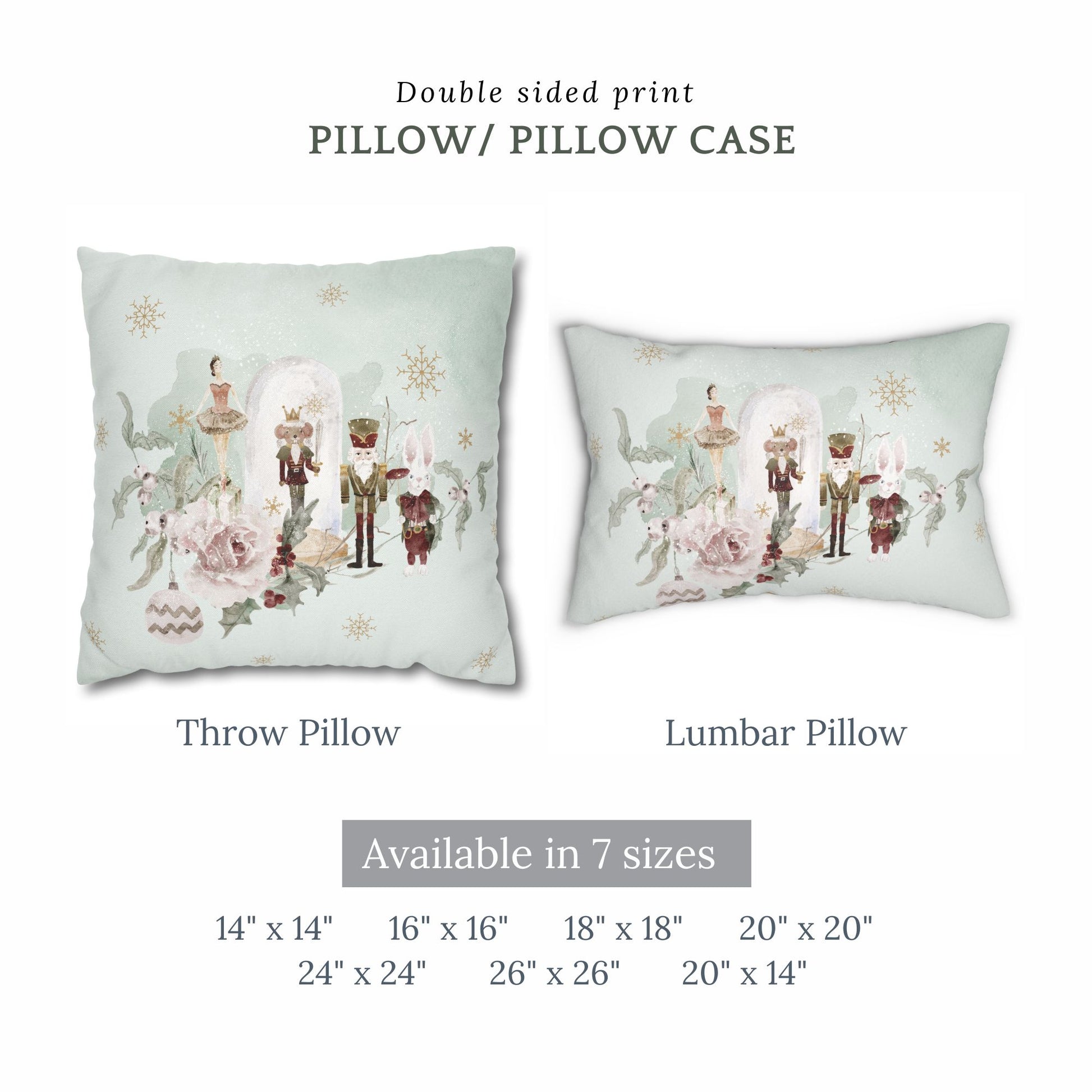 Pastel Nutcracker Christmas PILLOW showcasing double-sided print with whimsical ballet characters.