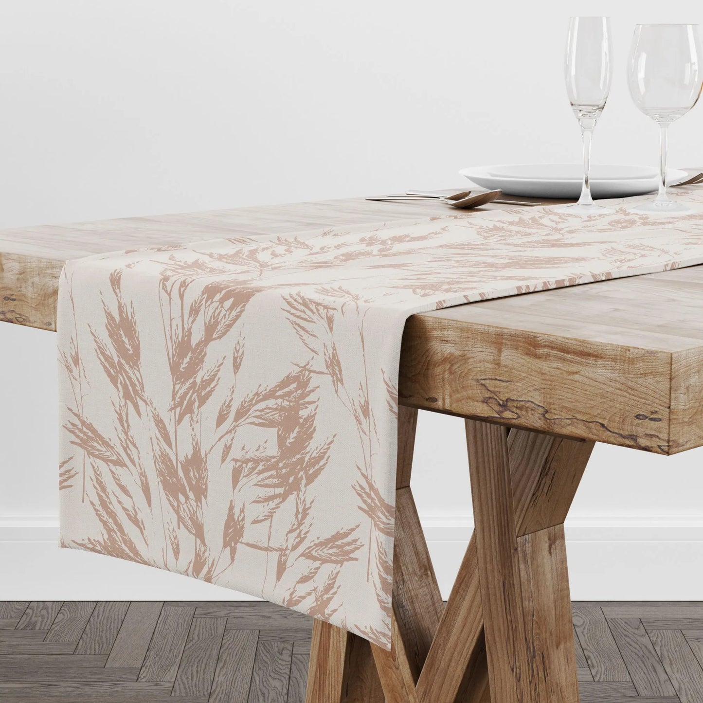 wood table with Oat grass, Fall dried flowers TABLE RUNNER from Blue Water Songs and glasses on it