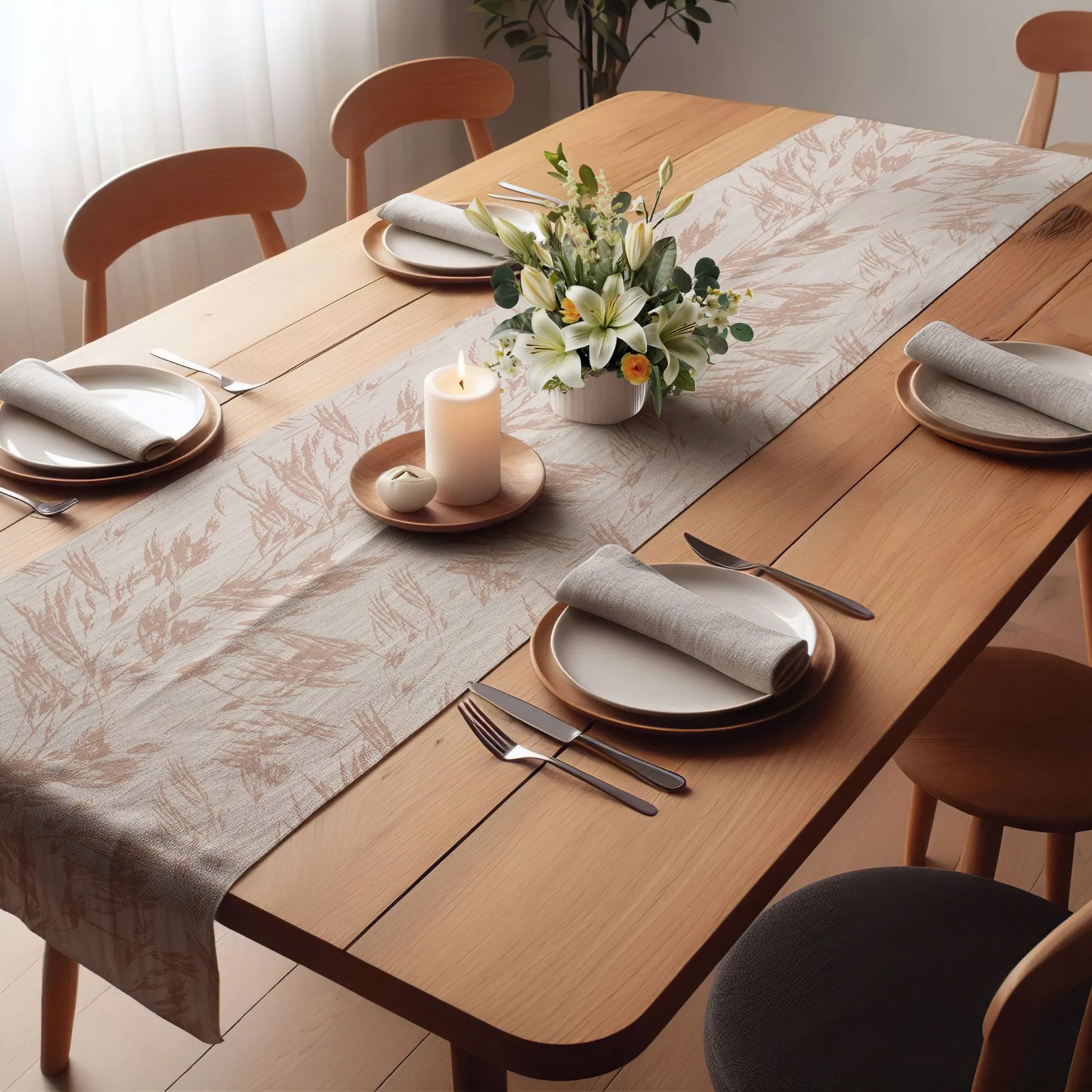 dining table decorated with Oat grass, Fall dried flowers TABLE RUNNER from Blue Water Songs