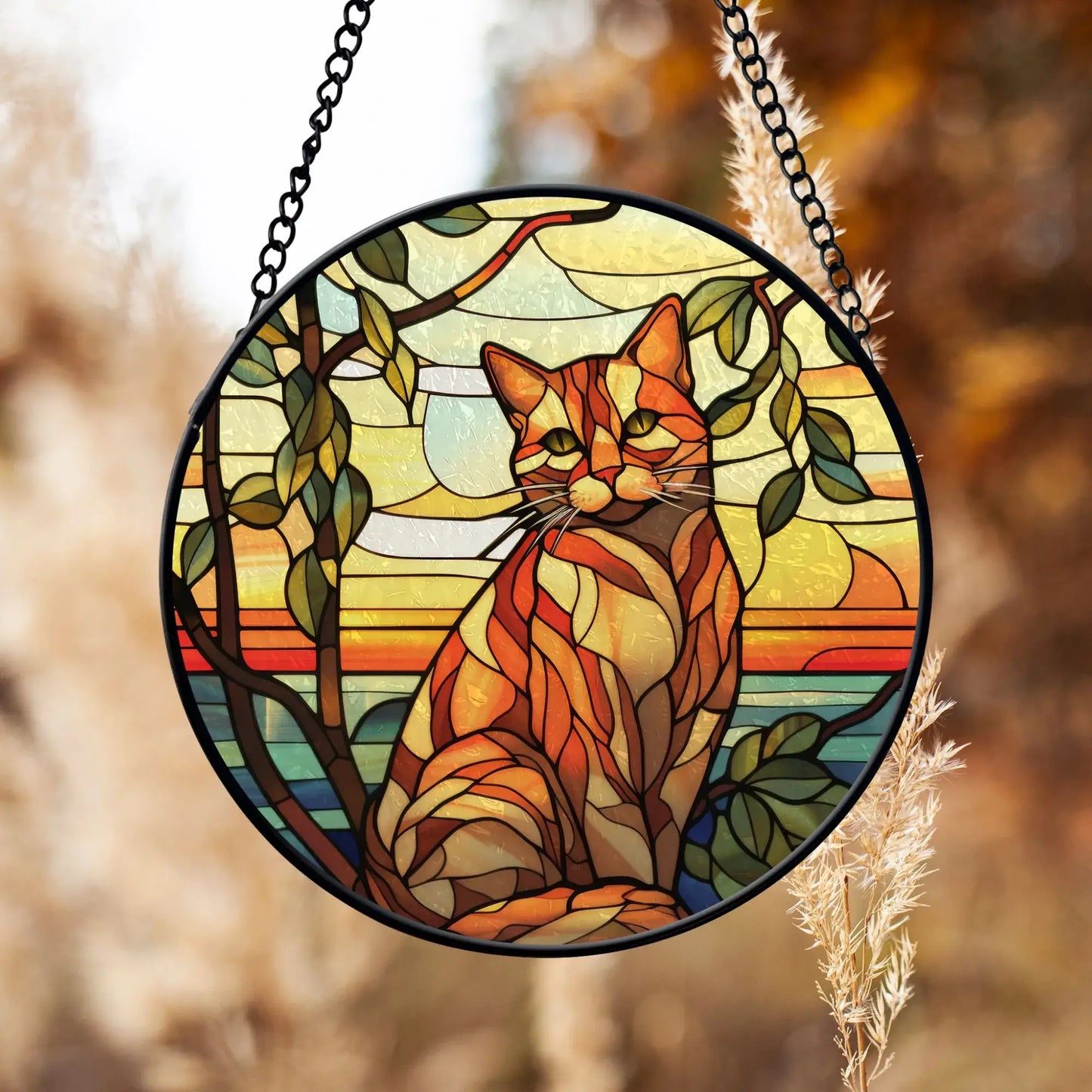 Orange Cat Ornament featuring stained glass design, ideal for window or Christmas tree decoration.