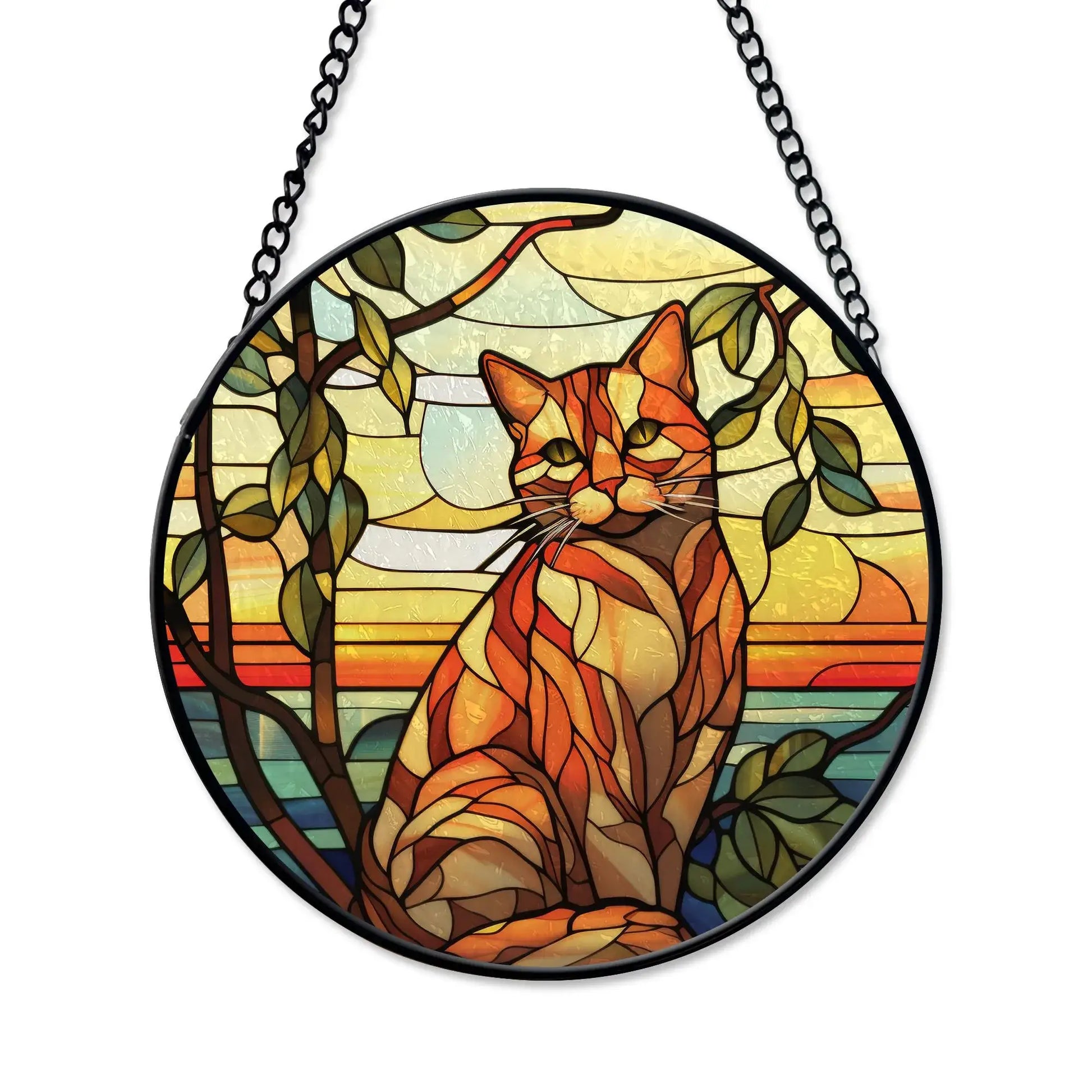 Orange Cat Ornament – Stained Glass Window Decoration featuring a vibrant orange cat surrounded by leaves.