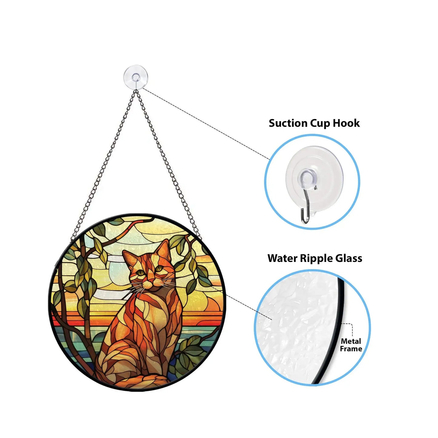 Orange cat ornament hanging with suction cup, featuring water ripple glass and metal frame design.