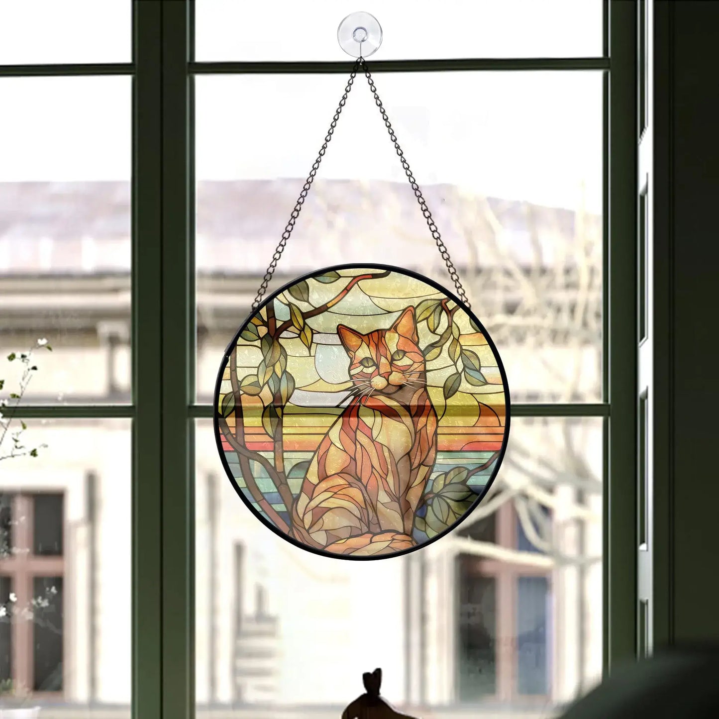 Orange Cat Ornament hanging in a window, showcasing stained glass design and warm colors.