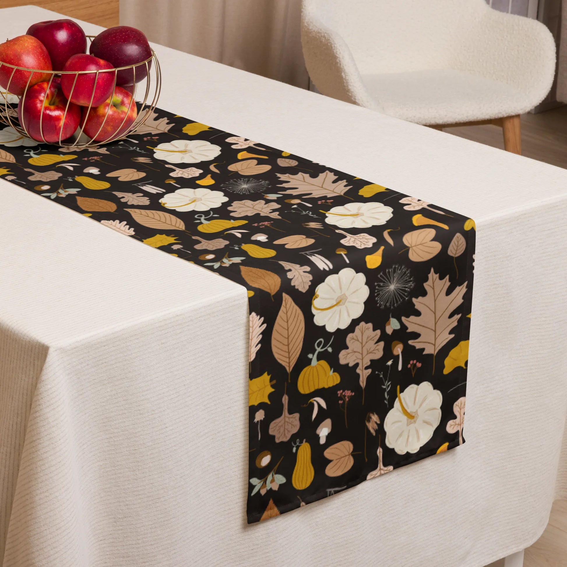 table decoration with white cloth and Pumpkin Fall, Thanksgiving TABLE RUNNER from Blue Water Songs