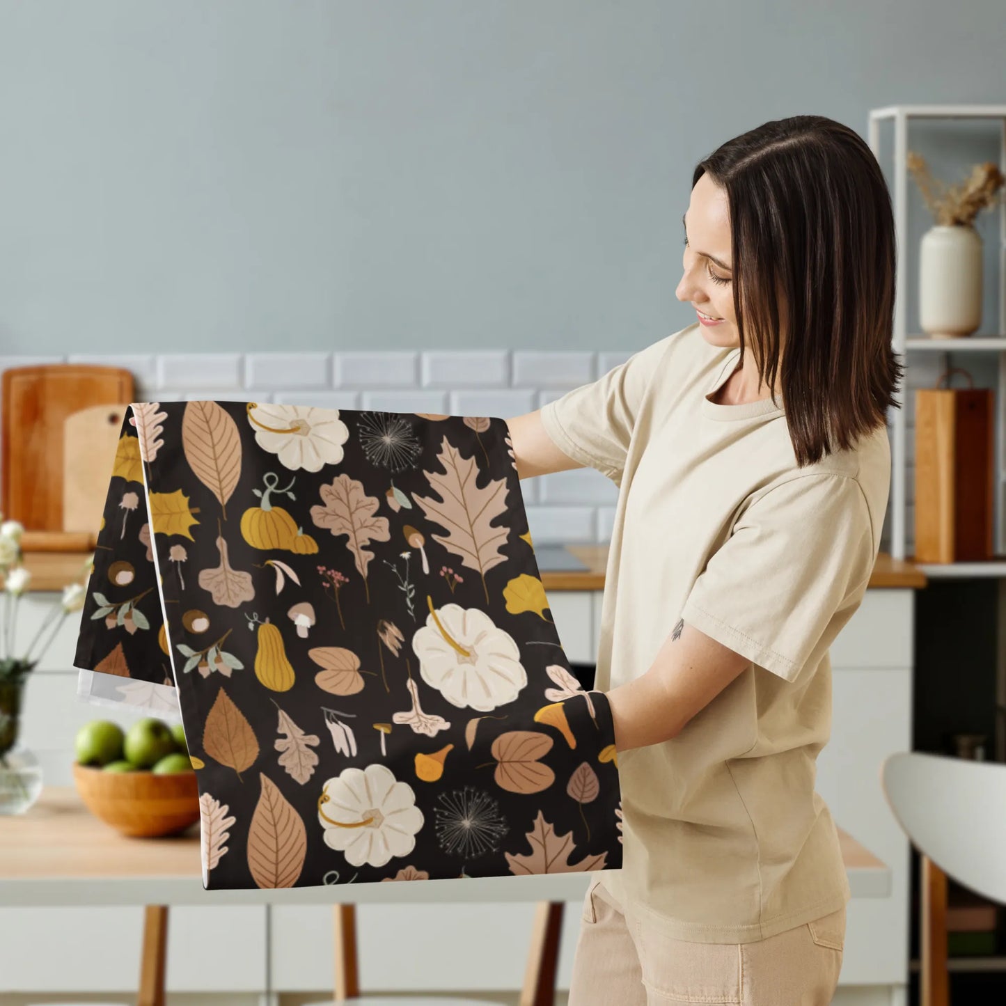 woman holding Pumpkin Fall, Thanksgiving TABLE RUNNER from Blue Water Songs