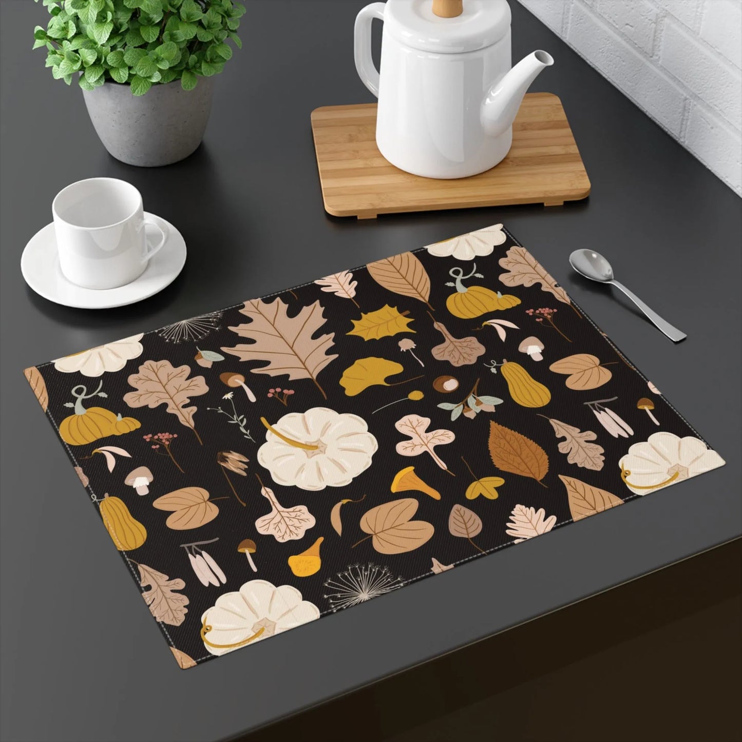 table with Autumn Pumpkin PLACEMATS from Blue Water Songs on it